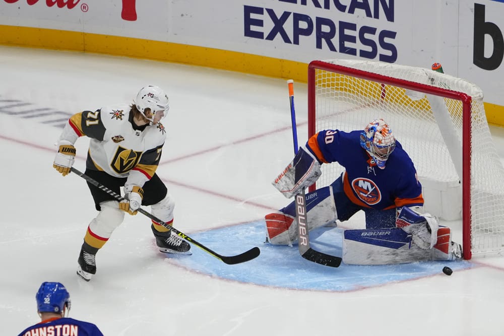ELMONT, NY - DECEMBER 19: New York Islanders Goalie Ilya Sorokin (30) makes a save of a shot on goal by Vegas Golden Knights Center William Karlsson (71) during the third period of the National Hockey League game between the Vegas Golden Knights and the New York Islanders on December 19, 2021, at UBS Arena in Elmont, NY. (Photo by Gregory Fisher/Icon Sportswire)