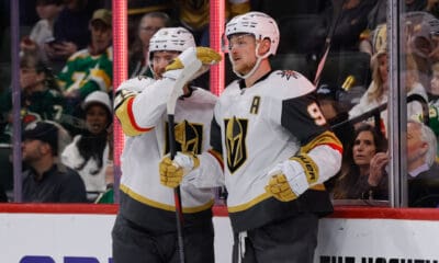 ST. PAUL, MN - MARCH 25: Vegas Golden Knights center Jack Eichel (9) celebrates with center Ivan Barbashev (49) after scoring his third goal of the game during the third period of the NHL game between the Vegas Golden Knights and Minnesota Wild on March 25th, 2025, at the Xcel Energy Center in St. Paul, MN. (Photo by Bailey Hillesheim/Icon Sportswire)