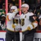 ST. PAUL, MN - MARCH 25: Vegas Golden Knights center Jack Eichel (9) celebrates with center Ivan Barbashev (49) after scoring his third goal of the game during the third period of the NHL game between the Vegas Golden Knights and Minnesota Wild on March 25th, 2025, at the Xcel Energy Center in St. Paul, MN. (Photo by Bailey Hillesheim/Icon Sportswire)