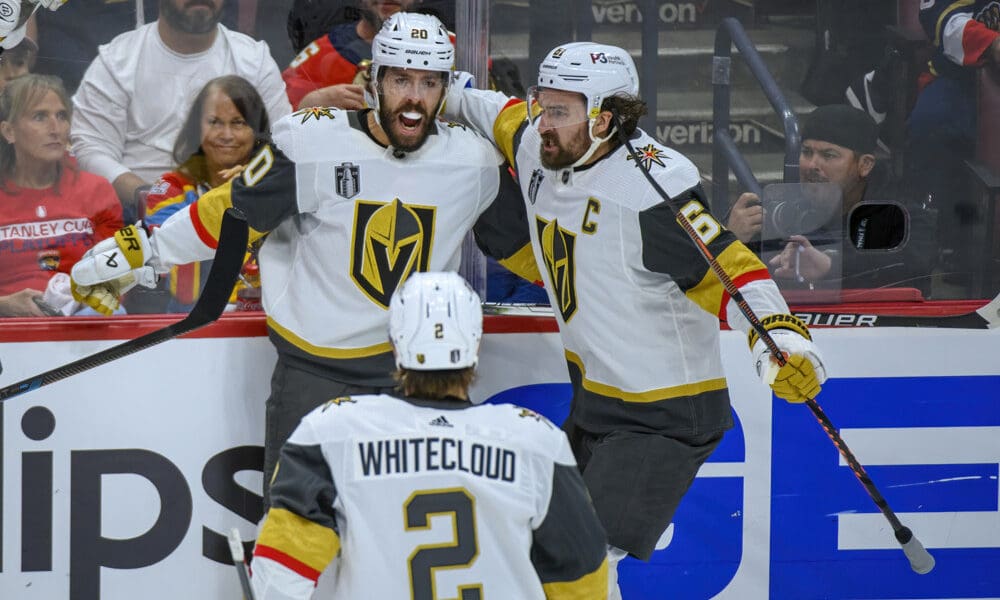 SUNRISE, FL - JUNE 10: Vegas Golden Knights center Chandler Stephenson (20) celebrates scoring a goal with Vegas Golden Knights right wing Mark Stone (61) and Vegas Golden Knights defenseman Zach Whitecloud (2)during Game Four of the NHL Stanley Cup Final between the Vegas Golden Knights and the Florida Panthers on June 10, 2023 at the FLA Live Arena in Sunrise, Florida. (Photo by Doug Murray/Icon Sportswire)