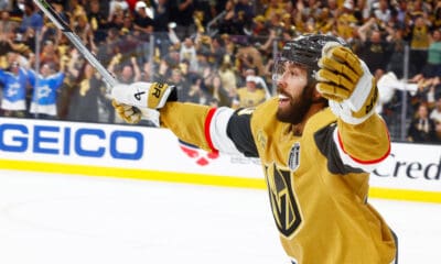 LAS VEGAS, NV - JUNE 13: Chandler Stephenson #20 of the Vegas Golden Knights celebrates a goal during Game Five of the NHL Stanley Cup Final between the Florida Panthers and the Vegas Golden Knights on June 13, 2023 at T-Mobile Arena in Las Vegas, Nevada. (Photo by Jeff Speer/Icon Sportswire)