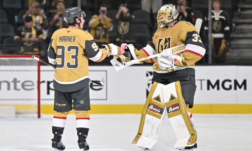 Adin Hill gives the victory flamingo to Mitch Marner 9/25/2025 (Photo/Screenshot- Vegas Golden Knights via Twitter)