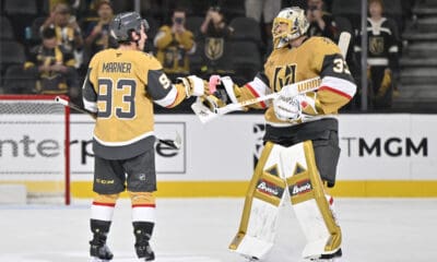 Adin Hill gives the victory flamingo to Mitch Marner 9/25/2025 (Photo/Screenshot- Vegas Golden Knights via Twitter)