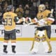Adin Hill gives the victory flamingo to Mitch Marner 9/25/2025 (Photo/Screenshot- Vegas Golden Knights via Twitter)