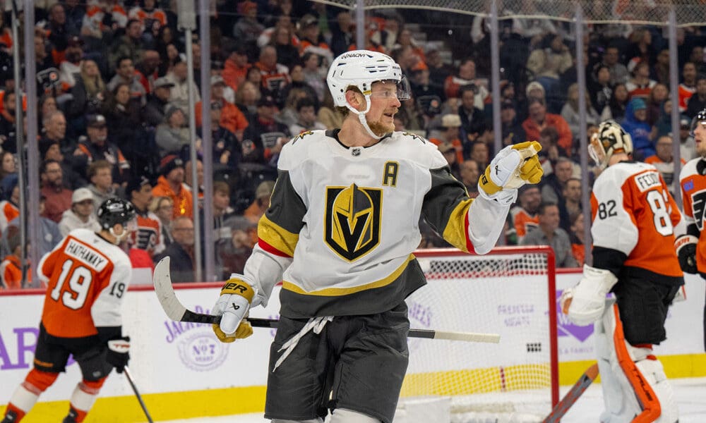 PHILADELPHIA, PA - NOVEMBER 25: Vegas Golden Knights center Jack Eichel (9) celebrates his goal during the game between the Philadelphia Flyers and the Vegas Golden Knights on November 25, 2024 at the Wells Fargo Center in Philadelphia, PA. (Photo by Terence Lewis/Icon Sportswire)