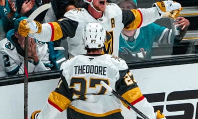 Jack Eichel and Shea Theodore celebrate a wild Vegas Golden Knights tying goal (Photo/Screenshot- NHL via Twitter)
