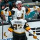 Jack Eichel and Shea Theodore celebrate a wild Vegas Golden Knights tying goal (Photo/Screenshot- NHL via Twitter)
