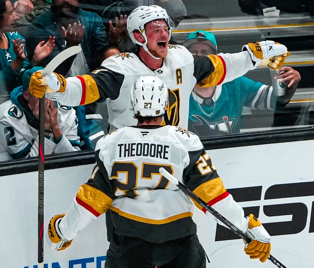 Jack Eichel and Shea Theodore celebrate a wild Vegas Golden Knights tying goal (Photo/Screenshot- NHL via Twitter)