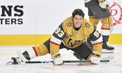 Mitch Marner takes warmups for the first time with the Vegas Golden Knights 9/25/2025 (Photo/Screenshot- NHL via Twitter)