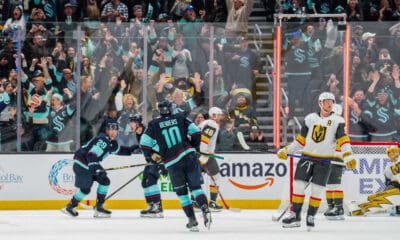 Seattle Kraken forward Jared McCann celebrates scoring the overtime winner against the Vegas Golden Knights 10/11/2025 (Photo/Screenshot- Seattle Kraken via Twitter)