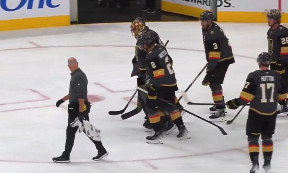 Vegas Golden Knights goaltender Adin Hill exits the game against the Carolina Hurricanes with an injury 10/20/25 (Photo/Screenshot- Gino Hard via Twitter)