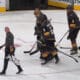 Vegas Golden Knights goaltender Adin Hill exits the game against the Carolina Hurricanes with an injury 10/20/25 (Photo/Screenshot- Gino Hard via Twitter)