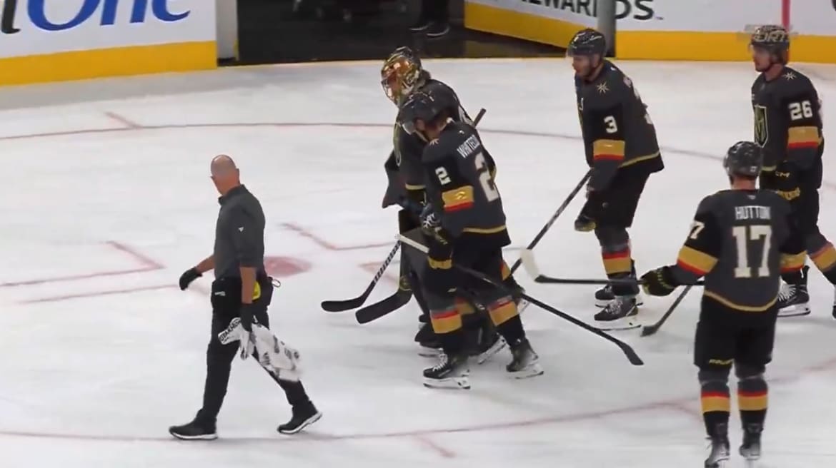 Vegas Golden Knights goaltender Adin Hill exits the game against the Carolina Hurricanes with an injury 10/20/25 (Photo/Screenshot- Gino Hard via Twitter)