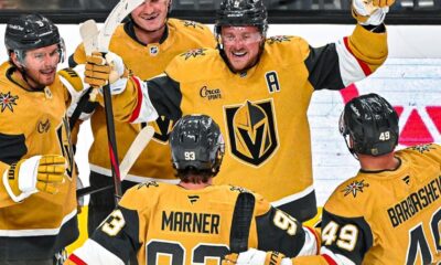 Vegas Golden Knights Jack Eichel, Mitch Marner, and Ivan Barbashev celebrate after connecting for a goal 10/8/2025 (Photo/Screenshot- NHL via Instagram)