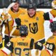 Vegas Golden Knights Jack Eichel, Mitch Marner, and Ivan Barbashev celebrate after connecting for a goal 10/8/2025 (Photo/Screenshot- NHL via Instagram)