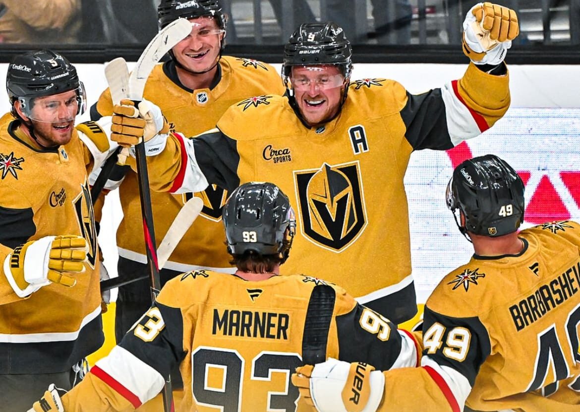 Vegas Golden Knights Jack Eichel, Mitch Marner, and Ivan Barbashev celebrate after connecting for a goal 10/8/2025 (Photo/Screenshot- NHL via Instagram)