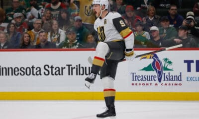 ST. PAUL, MN - MARCH 25: Vegas Golden Knights center Jack Eichel (9) celebrates scoring his second goal of the game during the third period of the NHL game between the Vegas Golden Knights and Minnesota Wild on March 25th, 2025, at the Xcel Energy Center in St. Paul, MN. (Photo by Bailey Hillesheim/Icon Sportswire)