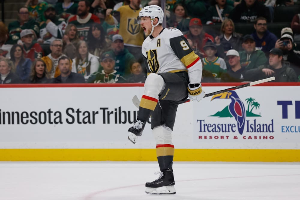 ST. PAUL, MN - MARCH 25: Vegas Golden Knights center Jack Eichel (9) celebrates scoring his second goal of the game during the third period of the NHL game between the Vegas Golden Knights and Minnesota Wild on March 25th, 2025, at the Xcel Energy Center in St. Paul, MN. (Photo by Bailey Hillesheim/Icon Sportswire)