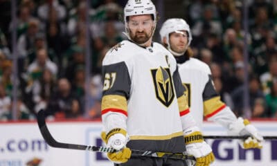 ST. PAUL, MN - APRIL 24: Vegas Golden Knights right wing Mark Stone (61) looks on during the second period in Game Three of the First Round of the 2025 Stanley Cup Playoffs between the Vegas Golden Knights and Minnesota Wild on April 24th, 2025, at the Xcel Energy Center in St. Paul, MN. (Photo by Bailey Hillesheim/Icon Sportswire)