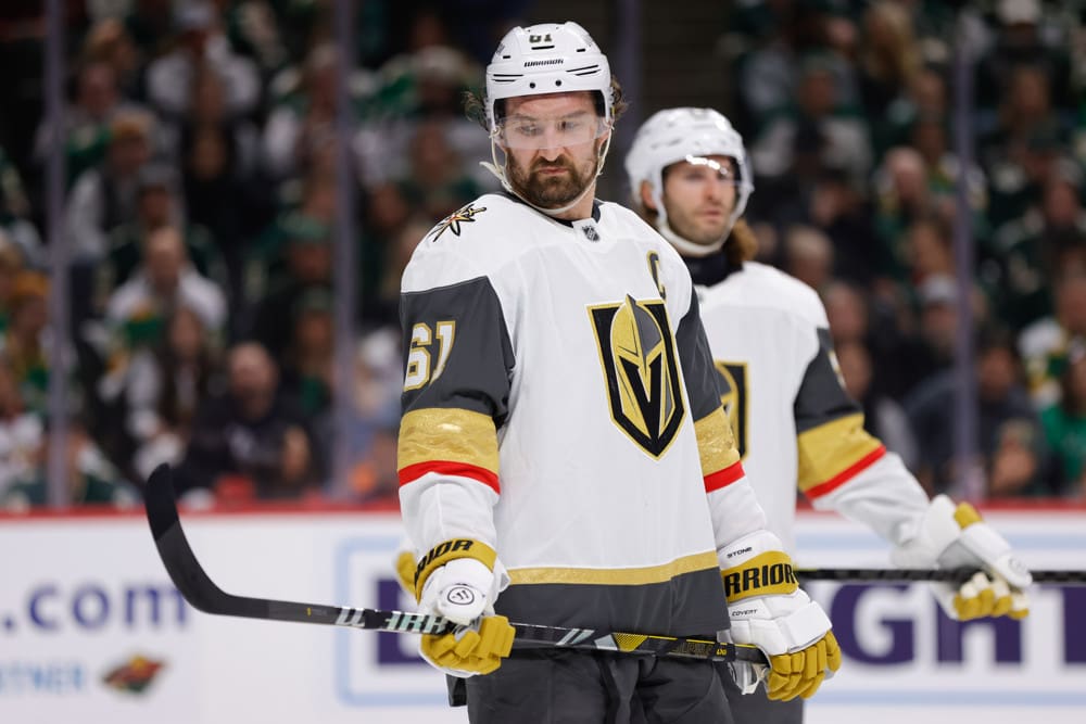 ST. PAUL, MN - APRIL 24: Vegas Golden Knights right wing Mark Stone (61) looks on during the second period in Game Three of the First Round of the 2025 Stanley Cup Playoffs between the Vegas Golden Knights and Minnesota Wild on April 24th, 2025, at the Xcel Energy Center in St. Paul, MN. (Photo by Bailey Hillesheim/Icon Sportswire)