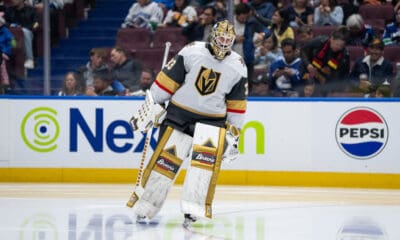 VANCOUVER, BC - APRIL 06: Vegas Golden Knights goaltender Adin Hill (33) waits for a face off during the third period of an NHL game between the Vegas Golden Knights and the Vancouver Canucks on Sunday, April 6, 2025 at Rogers Arena in Vancouver, B.C. (Photo by Ethan Cairns/Icon Sportswire)