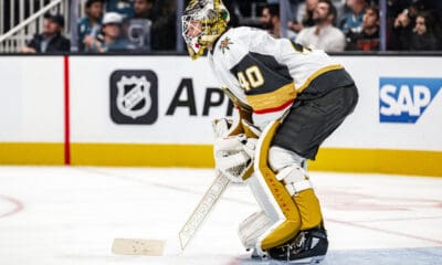 SAN JOSE, CA - OCTOBER 09: Vegas Golden Knights goaltender Akira Schmid (40) tends net during a NHL game between the Vegas Golden Knights and the San Jose Sharks on October 09, 2025 at SAP Center in San Jose, CA. (Photo by Trinity Machan/Icon Sportswire)