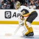 SAN JOSE, CA - OCTOBER 09: Vegas Golden Knights goaltender Akira Schmid (40) tends net during a NHL game between the Vegas Golden Knights and the San Jose Sharks on October 09, 2025 at SAP Center in San Jose, CA. (Photo by Trinity Machan/Icon Sportswire)