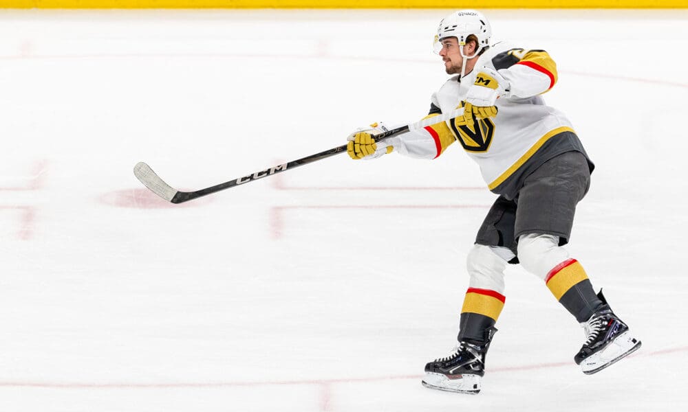 SAN JOSE, CA - JANUARY 07: Vegas Golden Knights right wing Alexander Holtz (26) warms up before a NHL game the San Jose Sharks on January 7, 2025 at SAP Center at San Jose in San Jose, CA. (Photo by Matthew Huang/Icon Sportswire)