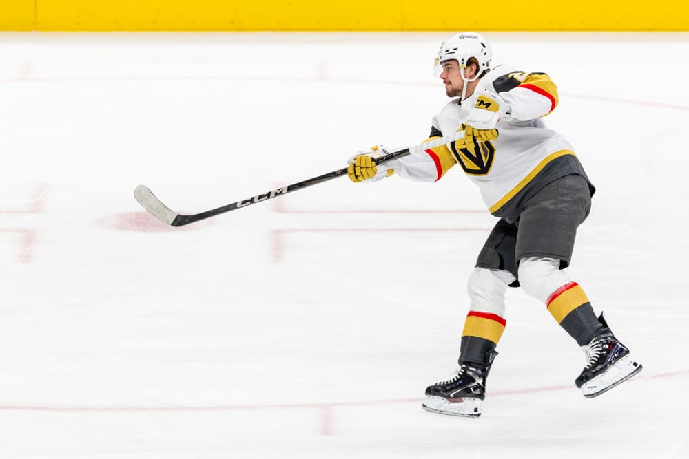 SAN JOSE, CA - JANUARY 07: Vegas Golden Knights right wing Alexander Holtz (26) warms up before a NHL game the San Jose Sharks on January 7, 2025 at SAP Center at San Jose in San Jose, CA. (Photo by Matthew Huang/Icon Sportswire)