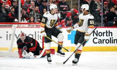 RALEIGH, NC - OCTOBER 28: Vegas Golden Knights center Brett Howden (21) celebrates with Vegas Golden Knights right wing Keegan Kolesar (55) after scoring a goal during the NHL game between the Vegas Golden Knights and the Carolina Hurricanes on October 28, 2025 at Lenovo Center in Raleigh, North Carolina. (Photo by Katherine Gawlik/Icon Sportswire)