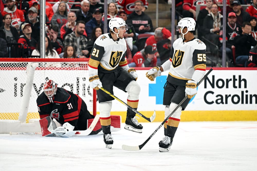 RALEIGH, NC - OCTOBER 28: Vegas Golden Knights center Brett Howden (21) celebrates with Vegas Golden Knights right wing Keegan Kolesar (55) after scoring a goal during the NHL game between the Vegas Golden Knights and the Carolina Hurricanes on October 28, 2025 at Lenovo Center in Raleigh, North Carolina. (Photo by Katherine Gawlik/Icon Sportswire)