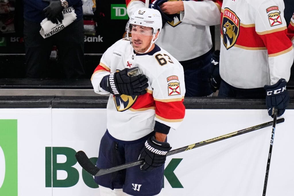 Florida Panthers forward Brad Marchand reacts to the Boston crowd during the first period of Tuesday’s game at the Garden. (AP Photo/Charles Krupa)