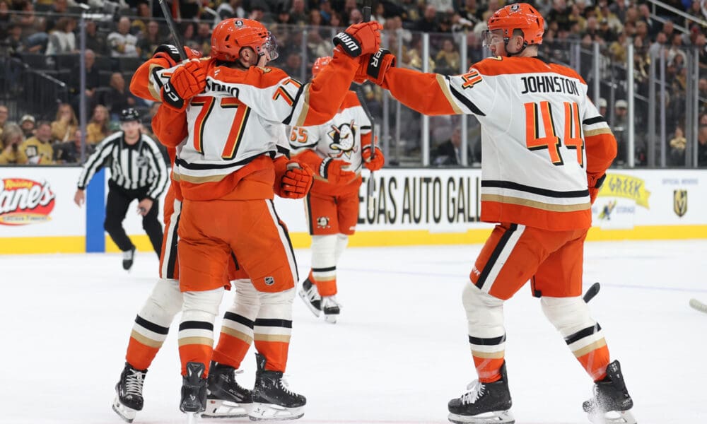 Frank Vatrano celebrates after scoring against the Vegas Golden Knights 11/8/2025 (Photo/Screenshot- Anaheim Ducks via Twitter)