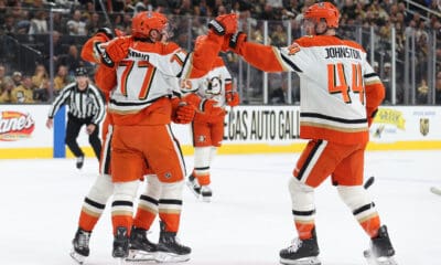 Frank Vatrano celebrates after scoring against the Vegas Golden Knights 11/8/2025 (Photo/Screenshot- Anaheim Ducks via Twitter)