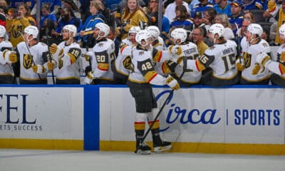 Vegas Golden Knights forward Braedan Bowman celebrates scoring his first NHL goal 11/15/2025 (Photo/Screenshot- Vegas Golden Knights via Twitter)
