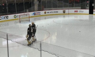 Vegas Golden Knights goaltenders Adin Hill and Akira Schmid