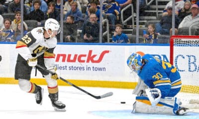 St. Louis Blues goaltender Joel Hofer makes a save on Cole Reinhardt 11/15/2025 (Photo/Screenshot- St. Louis Blues via Twitter)