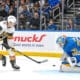 St. Louis Blues goaltender Joel Hofer makes a save on Cole Reinhardt 11/15/2025 (Photo/Screenshot- St. Louis Blues via Twitter)