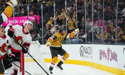 Vegas Golden Knights Captain Mark Stone celebrates scoring a third-period goal against the Ottawa Senators 11/26/2025 (Photo/Screenshot- Vegas Golden Knights via Twitter)