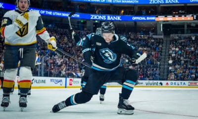 Utah Mammoth forward Dylan Guenther celebrates scoring against the Vegas Golden Knights 11/24/2025 (Photo/Screenshot- Utah Mammoth via Twitter)