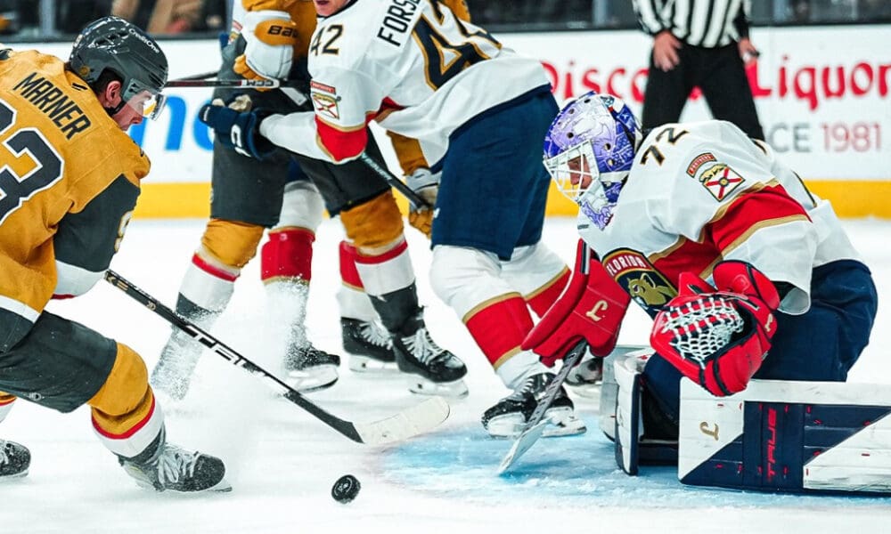 Florida Panthers goaltender Sergei Bobrovsky makes a save on Vegas Golden Knights forward Mitch Marner (Photo/Screenshot- NHL Public Relations via Twitter)