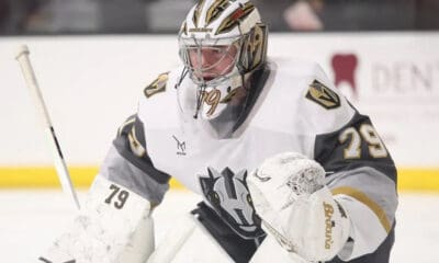 Vegas Golden Knights goaltender Carter Hart makes a rehab start with the Henderson Silver Knights (Photo/Screenshot- PuckEmpire via Twitter)