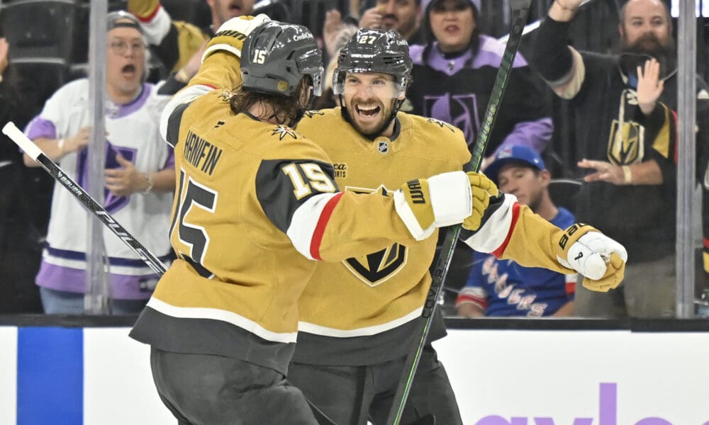 Vegas Golden Knights defenseman Shea Theodore celebrates scoring his first goal of the season (Photo/Screenshot- Vegas Golden Knights via Twitter)