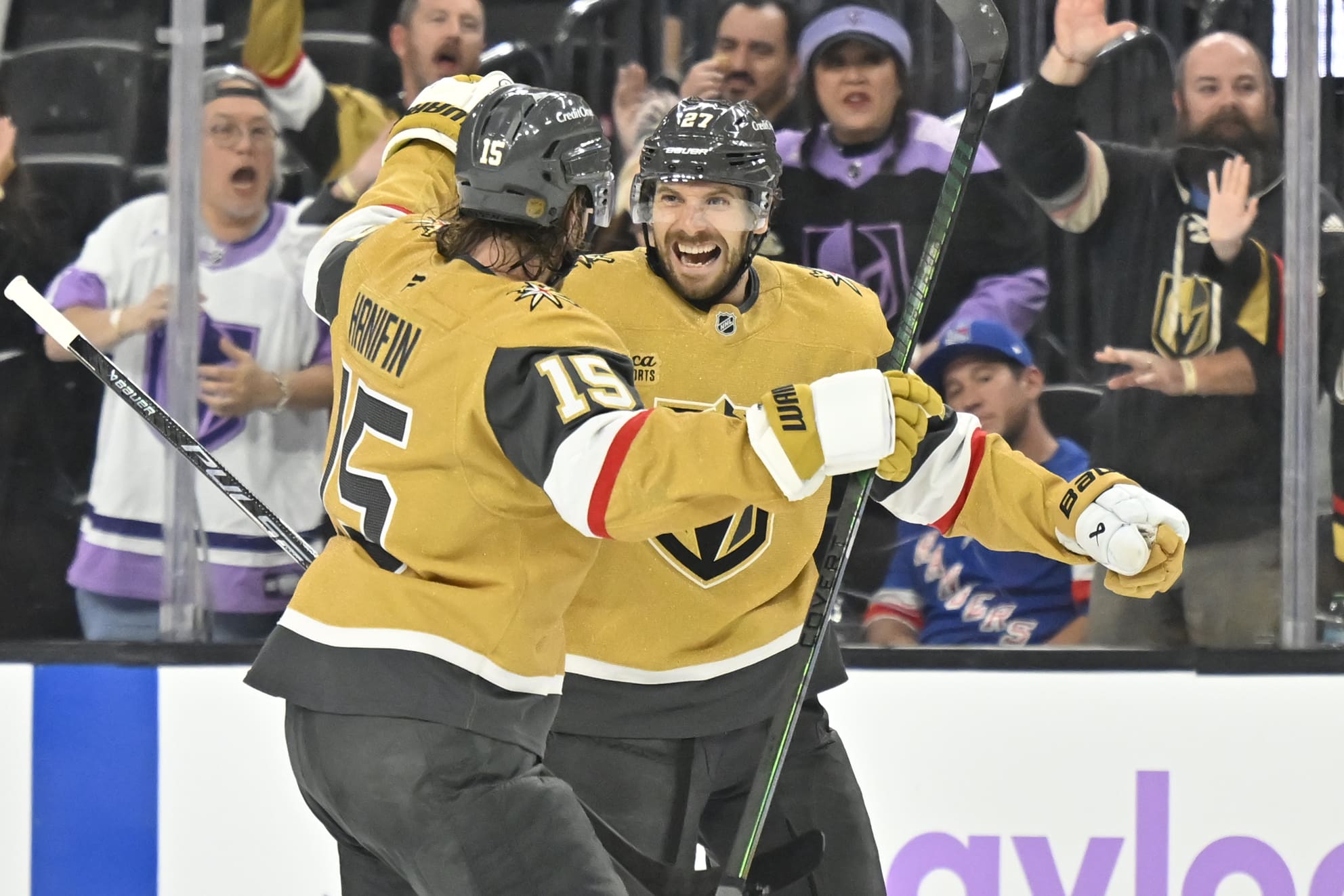 Vegas Golden Knights defenseman Shea Theodore celebrates scoring his first goal of the season (Photo/Screenshot- Vegas Golden Knights via Twitter)