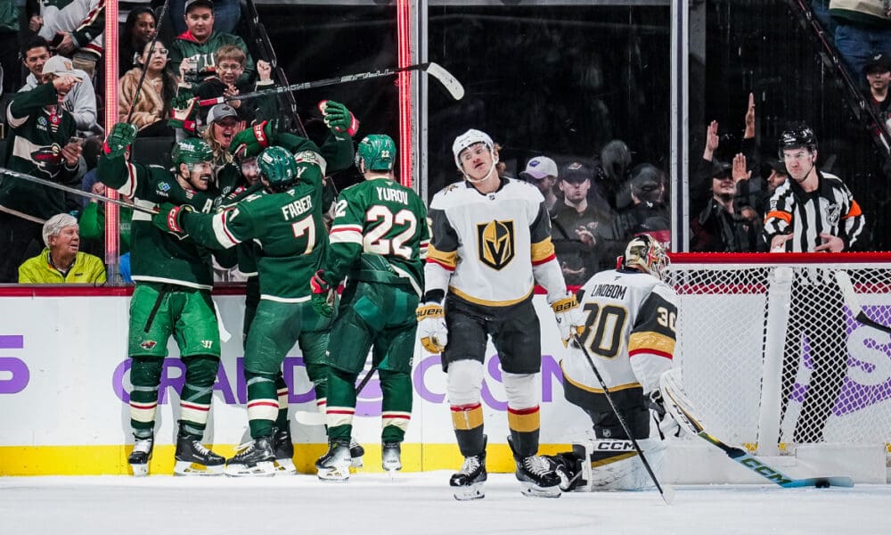 Minnesota Wild forward Yakov Trenin celebrates scoring against the Vegas Golden Knights 11/16/2025 (Photo/Screenshot- Minesota Wild via Twitter)