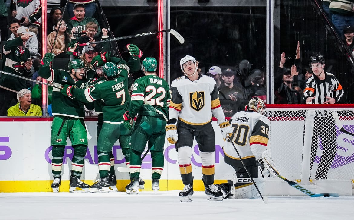 Minnesota Wild forward Yakov Trenin celebrates scoring against the Vegas Golden Knights 11/16/2025 (Photo/Screenshot- Minesota Wild via Twitter)