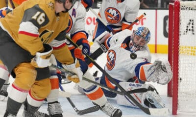 New York Islanders goaltender Ilya Sorokin makes a save on Pavel Dorofeyev in overtime 11/13/2025 (Photo/Screenshot- New York Islanders via Twitter)