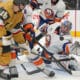 New York Islanders goaltender Ilya Sorokin makes a save on Pavel Dorofeyev in overtime 11/13/2025 (Photo/Screenshot- New York Islanders via Twitter)