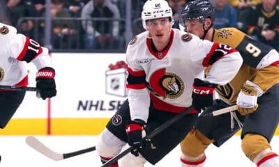Ottawa Senators forward Shane Pinto skates through the neutral zone in the first period against the Vegas Golden Knights 11/26/2025 (Photo/Screenshot- Ottawa Senators via Twitter)