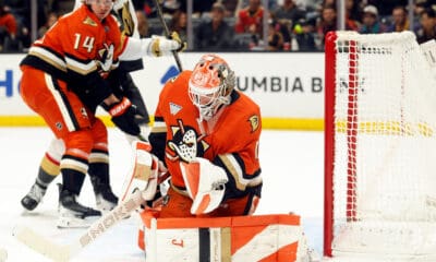 Anaheim Ducks goaltender Lukáš Dostál makes a save against the Vegas Golden Knights (Photo/Screenshot- Anaheim Ducks via Twitter)